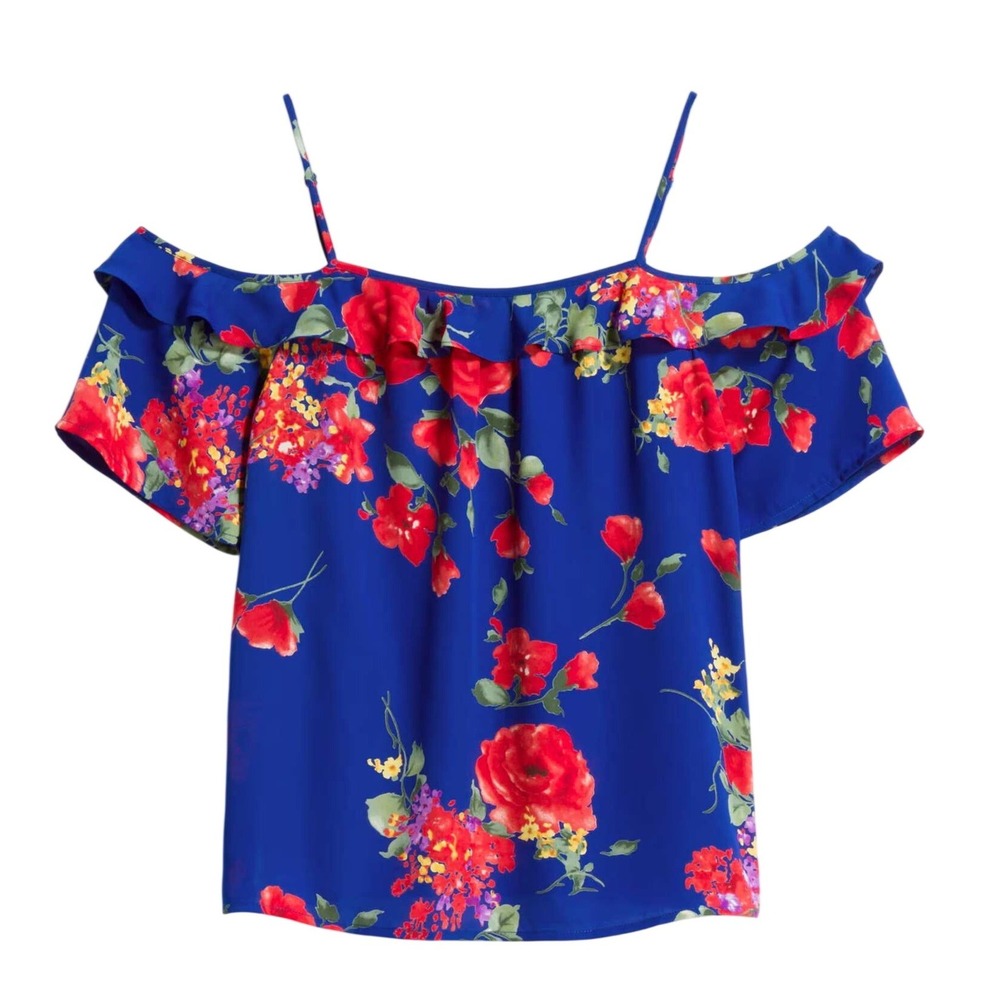 Whimsical Skies Are Blue Womens Blue Floral Fairy Resort Ruffle Blouse Small